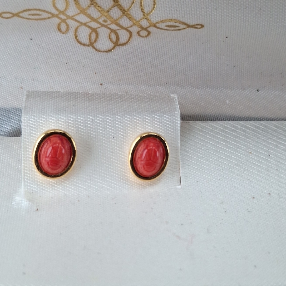 Gold and Red Oval Pierced Earrings